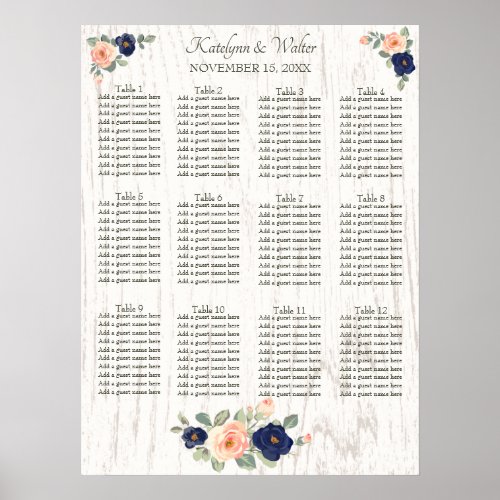 Rustic Country Navy Blue and Peach Floral Wedding Poster