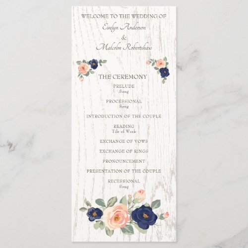 Rustic Country Navy Blue and Peach Floral Wedding Program