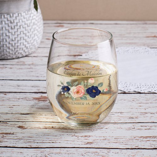 Rustic Country Navy Blue and Peach Floral Wedding Stemless Wine Glass