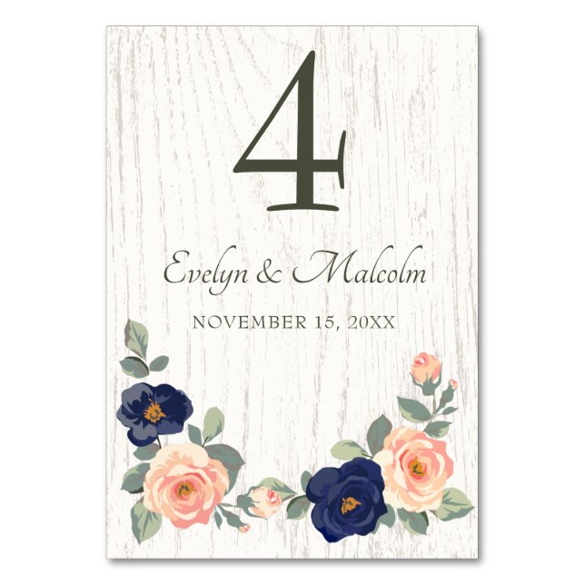 Rustic Country Navy Blue and Peach Floral Wedding Table Number (Front)