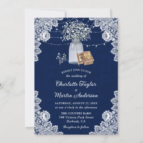 Rustic Country Navy Blue Babys Breath Wedding Invitation