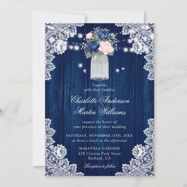Rustic Country Navy Blue Blush Floral Wedding Invitation (Front)