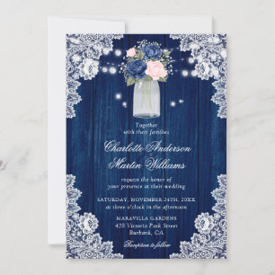 Rustic Country Navy Blue Blush Floral Wedding Invitation