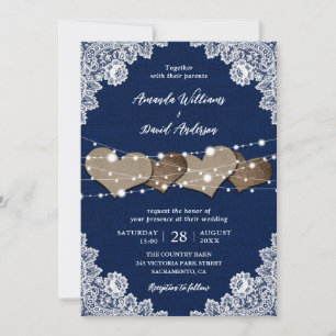 Rustic Country Navy Blue Burlap Lace Wedding Invitation