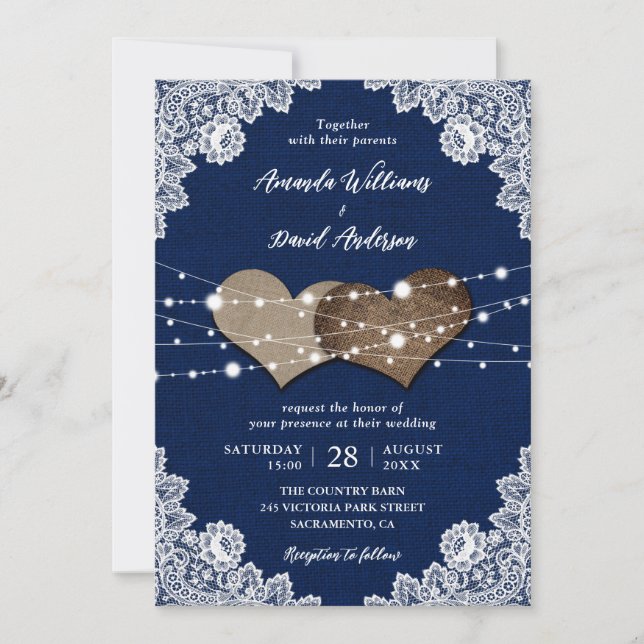 Rustic Country Navy Blue Burlap Lace Wedding Invitation (Front)