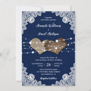 Rustic Country Navy Blue Burlap Lace Wedding Invitation