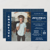 Rustic Country Navy Blue Gold Photo Graduation Invitation (Front/Back)