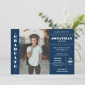 Rustic Country Navy Blue Gold Photo Graduation Invitation (Standing Front)