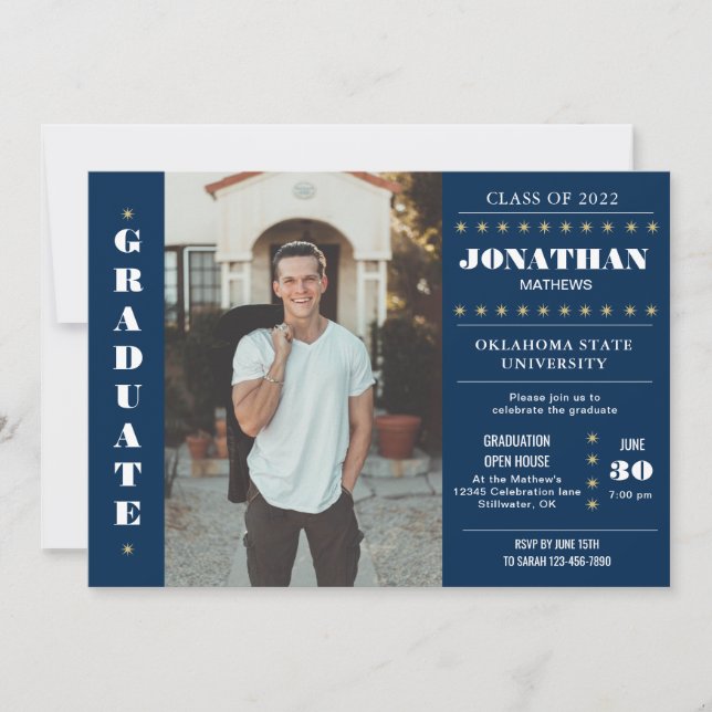 Rustic Country Navy Blue Gold Photo Graduation Invitation (Front)