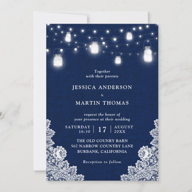 Rustic Country Navy Blue Mason Jar Lights Wedding  Invitation (Front)