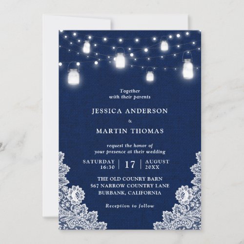 Rustic Country Navy Blue Mason Jar Lights Wedding  Invitation