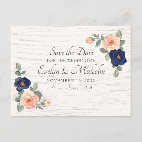 Rustic Country Navy Blue Peach Floral Wedding STD Announcement Postcard