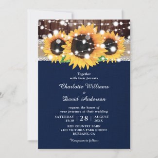 Rustic Country Navy Blue Sunflower Barn Wedding Invitation