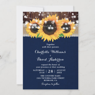 Rustic Country Navy Blue Sunflower Barn Wedding Invitation
