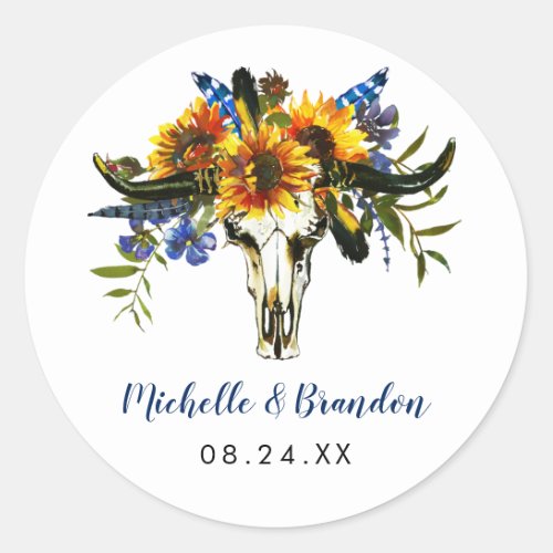 Rustic Country Navy Blue Sunflower Boho Classic Round Sticker