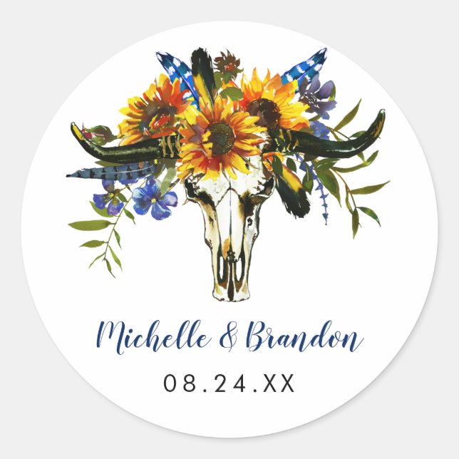 Rustic Country Navy Blue Sunflower Boho Classic Round Sticker (Front)