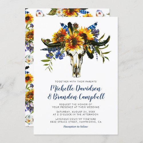 Rustic Country Navy Blue Sunflower Boho Wedding Invitation