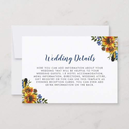 Rustic Country Navy Blue Sunflower Wedding Details Invitation