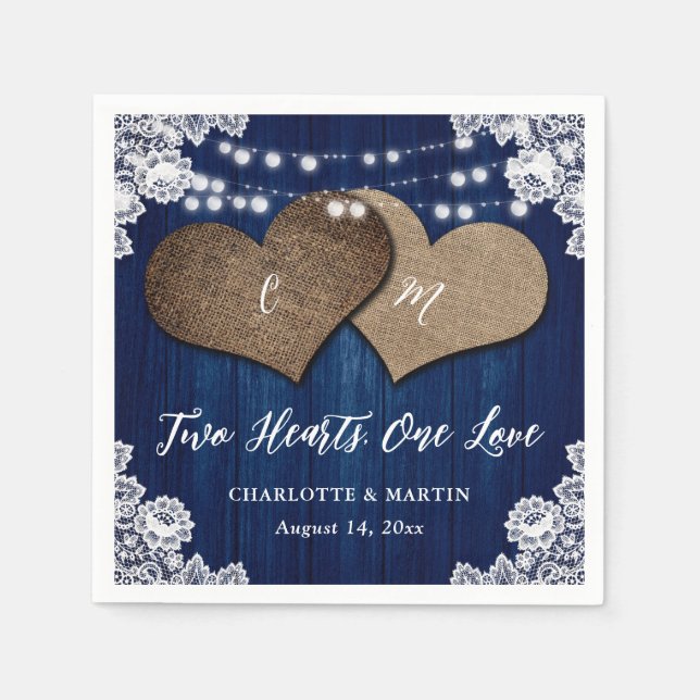 Rustic Country Navy Blue Wood Burlap Lace Wedding Napkins (Front)