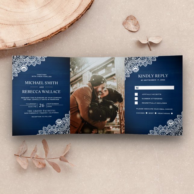 Rustic Country Navy Blue Wood Lace Wedding Photo Tri-Fold Invitation (Creator Uploaded)