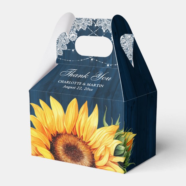 Rustic Country Navy Blue Wood Sunflower Wedding Favor Boxes (Front Side)
