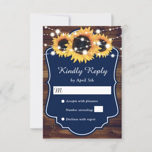 Rustic Country Navy Blue Wood Sunflower Wedding RSVP Card