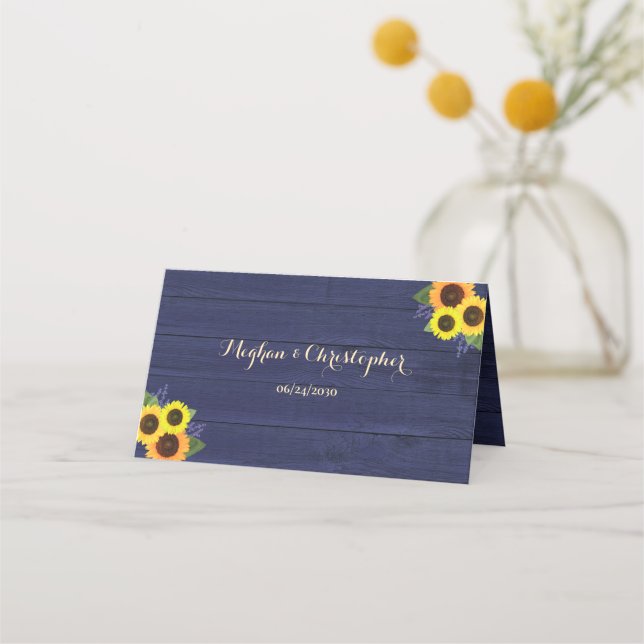 Rustic Country Navy Wood Sunflower Floral Wedding Place Card (Front)
