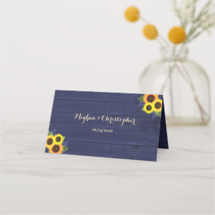 Rustic Country Navy Wood Sunflower Floral Wedding Place Card