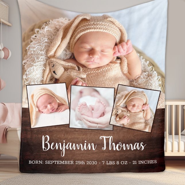 Rustic Country New Baby Personalized Photo Collage Fleece Blanket (Creator Uploaded)