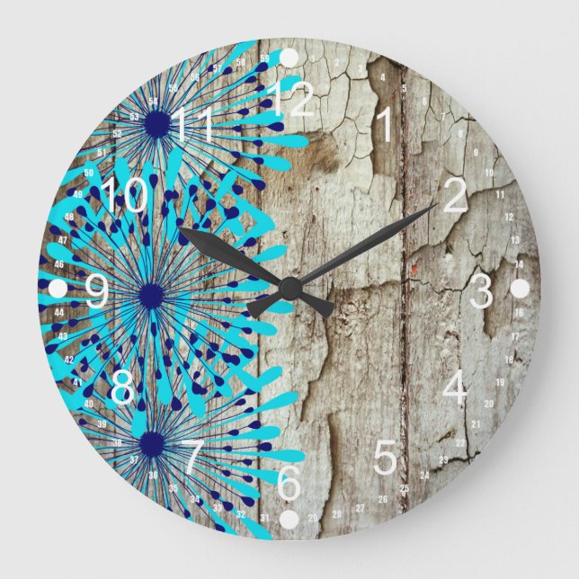 Rustic Country Old Barn Wood Teal Blue Flowers Large Clock (Front)