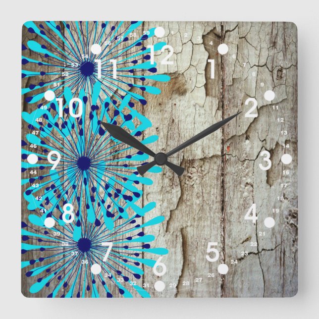 Rustic Country Old Barn Wood Teal Blue Flowers Square Wall Clock (Front)