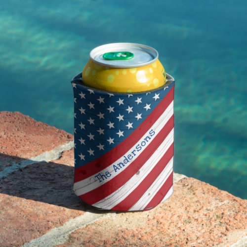Rustic Country Patriotic Stars Stripes USA Flag Can Cooler