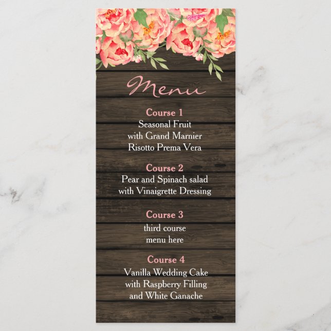 Rustic Country Peony Barn Wood Wedding Menu (Front)