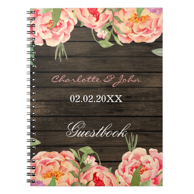 Rustic Country Peony Barn Wood Wedding Notebook (Front)