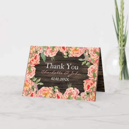 Rustic Country Peony Barn Wood Wedding Thank You Card