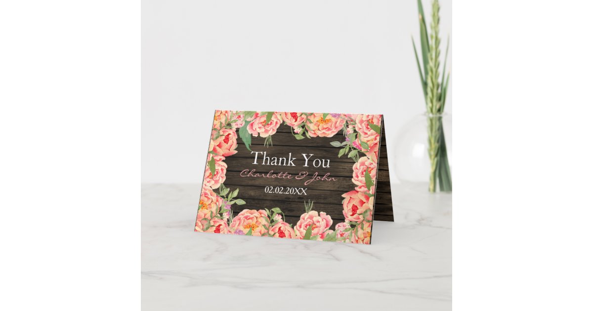 Rustic Country Peony Barn Wood Wedding Thank You Card | Zazzle