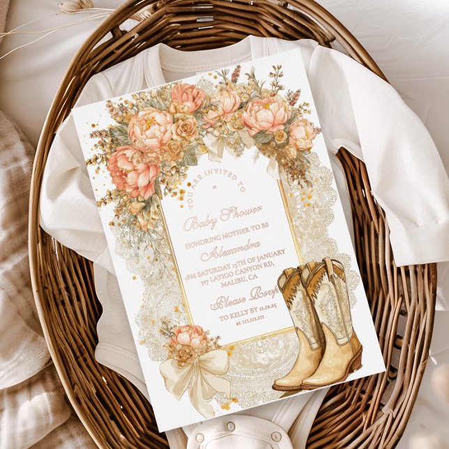 Rustic Country Peony Boots Baby Shower Foil Invitation (Creator Uploaded)