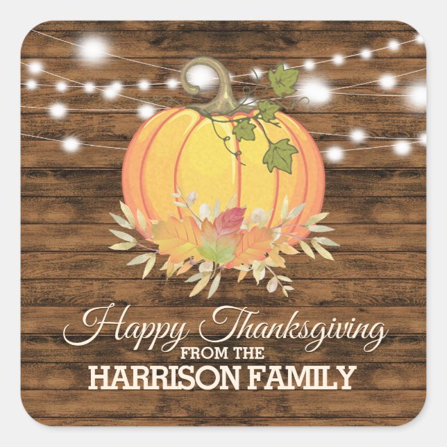 Rustic Country Personalized Happy Thanksgiving Square Sticker (Front)