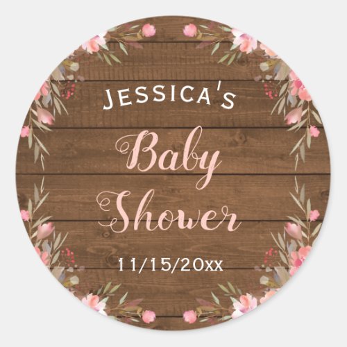 Rustic Country Pink Baby Girl Shower Guest Favor Classic Round Sticker