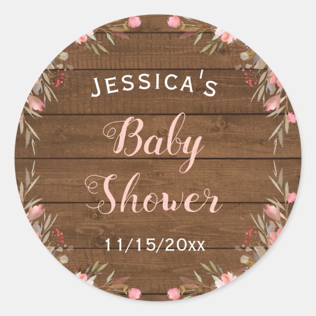 Rustic Country Pink Baby Girl Shower Guest Favor Classic Round Sticker (Front)