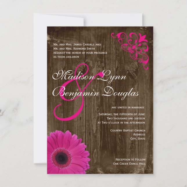 Rustic Country Pink Daisy Wood Wedding Invitations (Front)