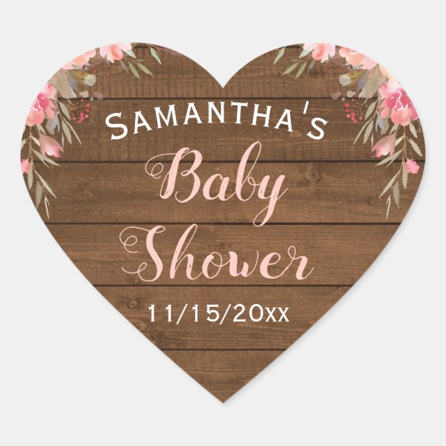 Rustic Country Pink Floral Baby Shower Favor Heart Sticker (Front)