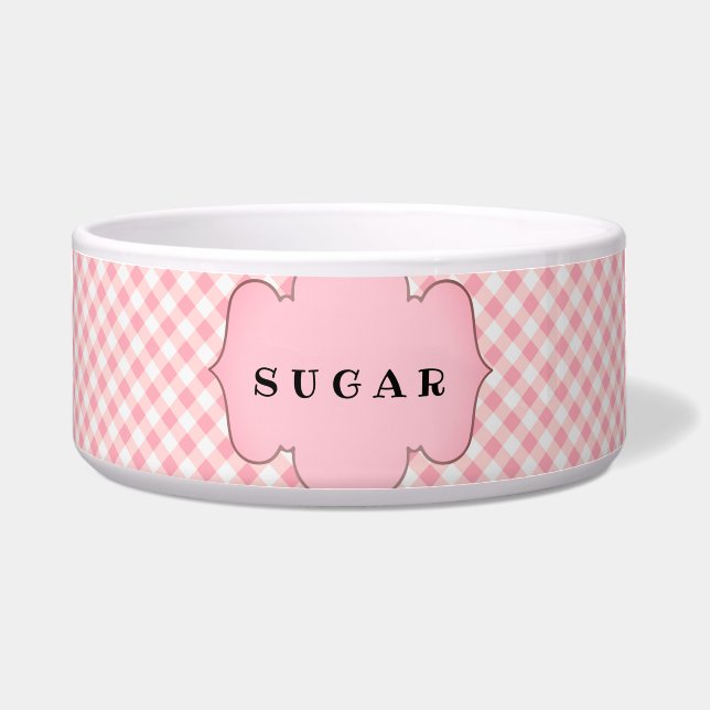 Rustic Country Pink Plaid Personalized Dog Bowl (Front)