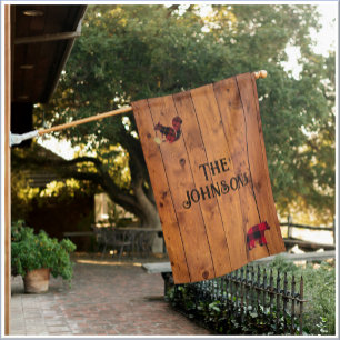 Rustic Country Plaid Bear & Squirrel Wood Design House Flag
