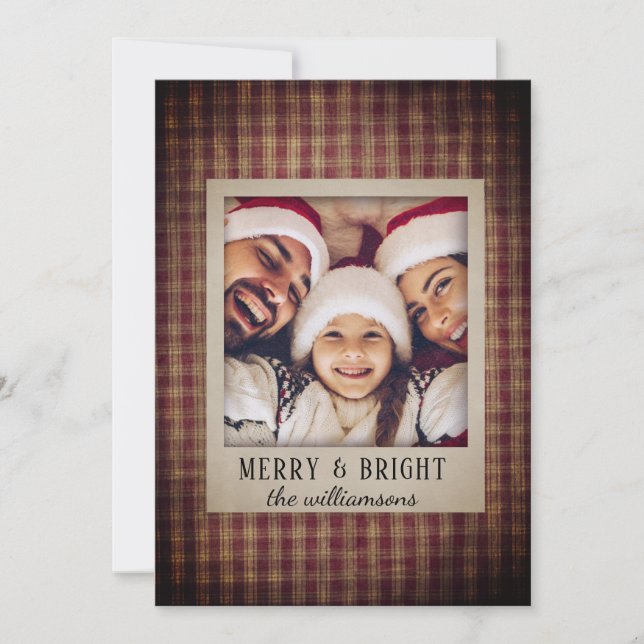 Rustic Country Plaid Homespun Family Photo Holiday Card (Front)