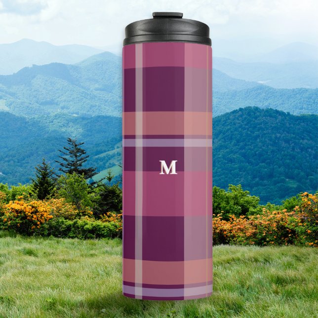 Rustic Country Plaid Tartan Pattern Monogrammed Thermal Tumbler (A stylish thermal tumbler for hot and cold drinks, with monogram initial and dark red plaid pattern)