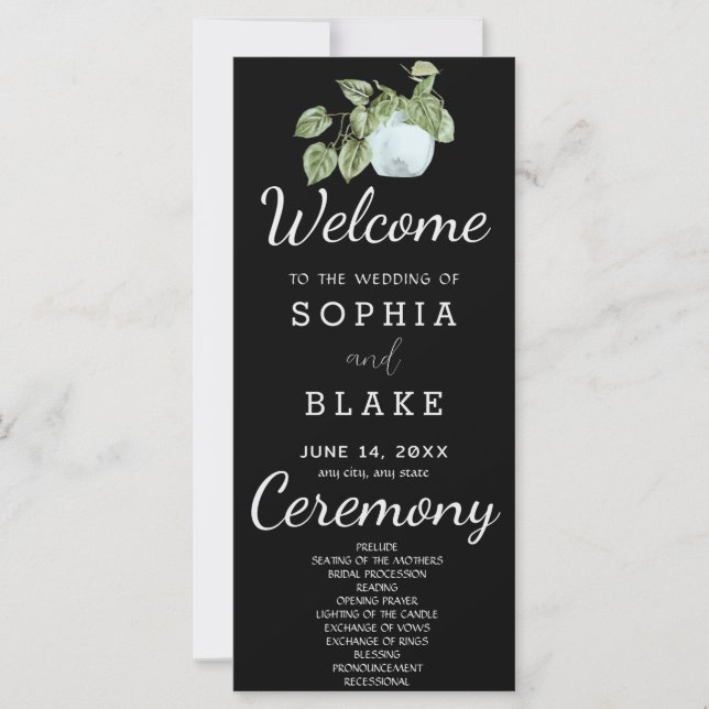 Rustic Country Plant Leaves Black Wedding Program (Front)