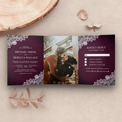 Rustic Country Plum Purple Wood Lace Wedding Photo Tri_Fold Invitation