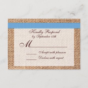 Rustic Country Printed Burlap Blue Ribbon Rsvp by CustomWeddingSets at Zazzle