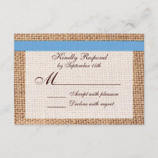 Rustic Country Printed Burlap Blue Ribbon RSVP Card